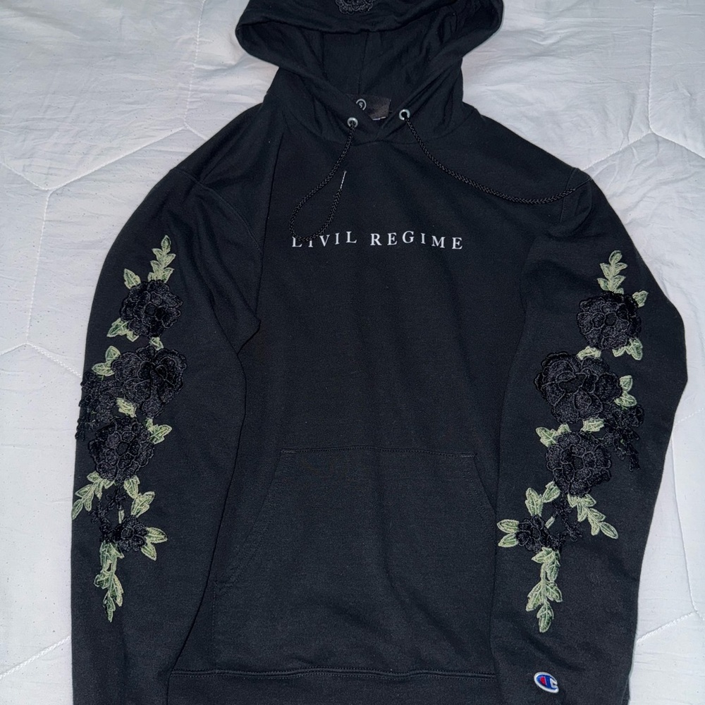 Civil Regime Black Hoodie with Floral Embroidery